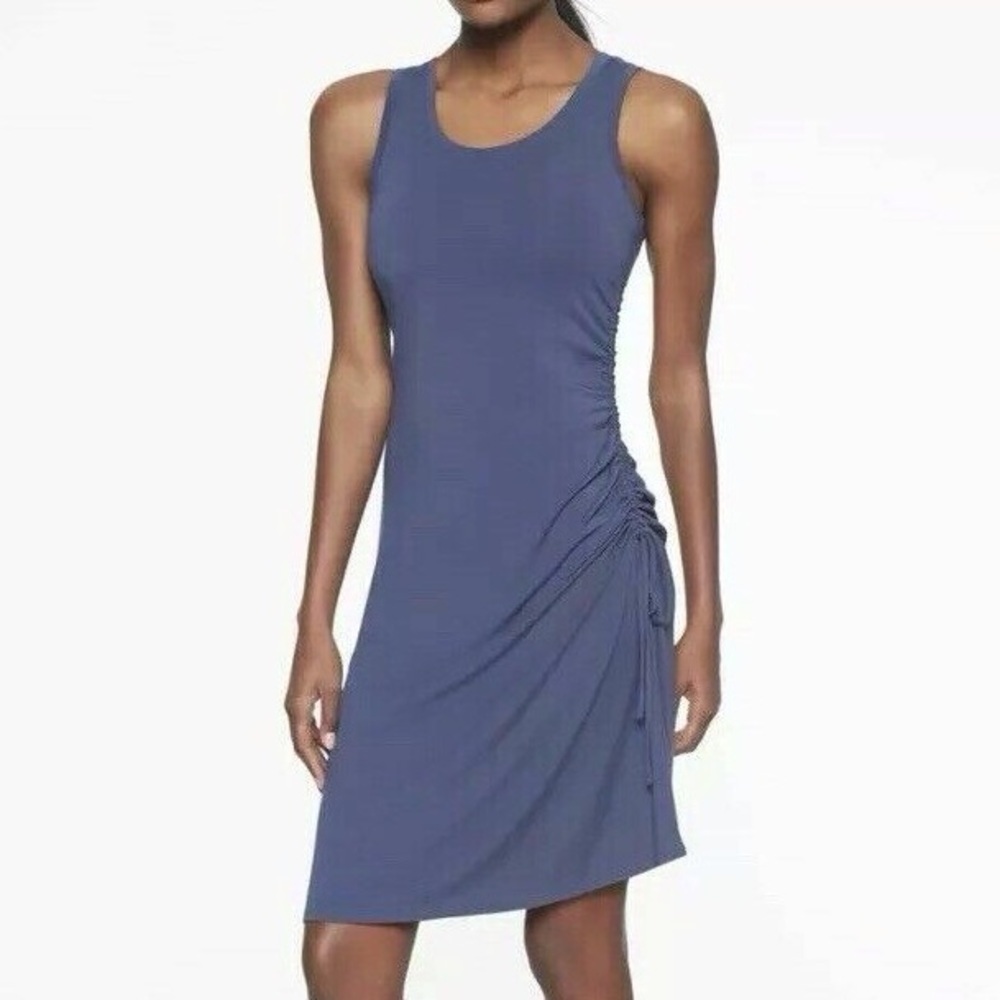 Athleta Women S Blue Jersey Knit Sleeveless Side Gather T-Shirt Dress